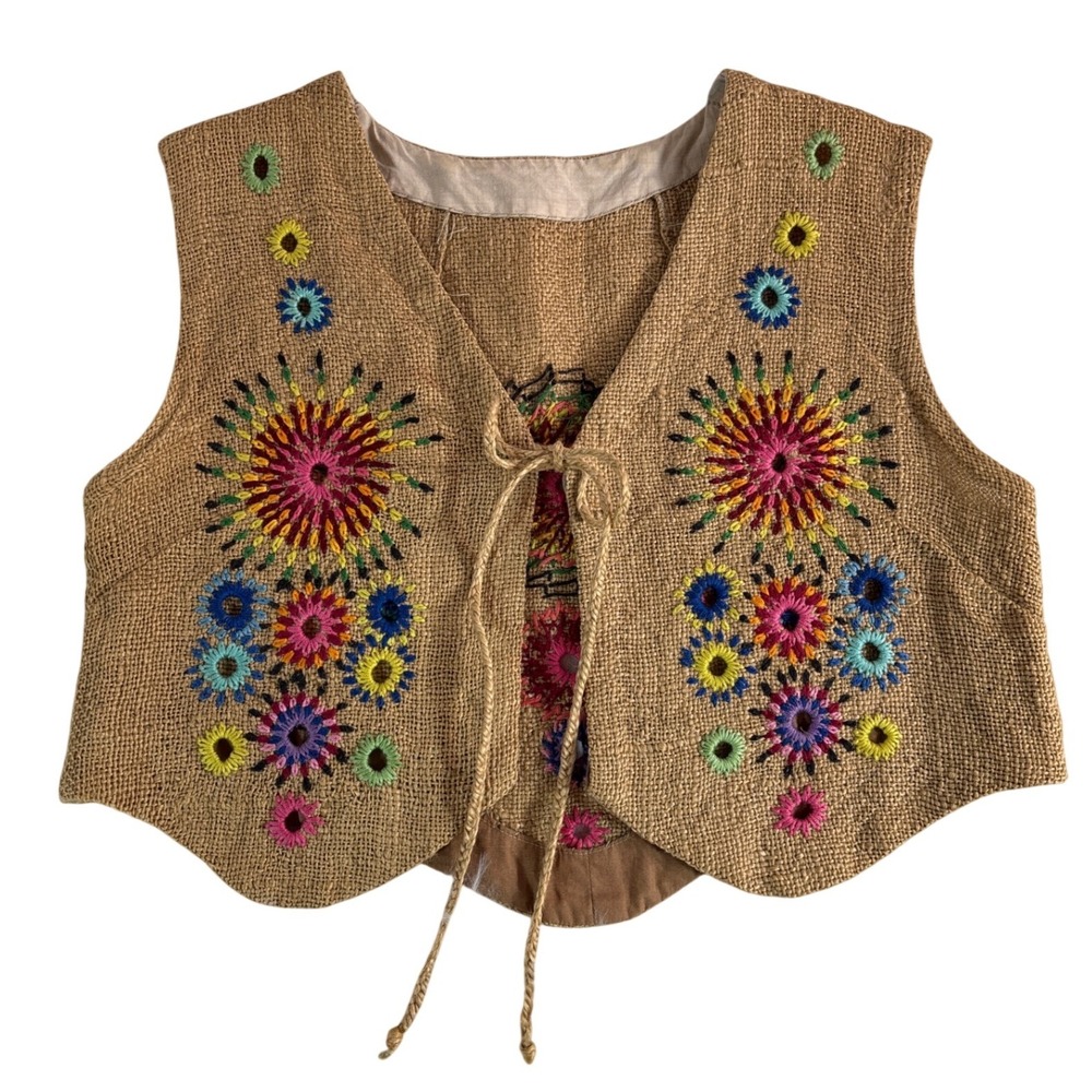 Vintage 60s 70s Hand Embroidered Jute Burlap Boho Hippie Festival Vest Tan Multi